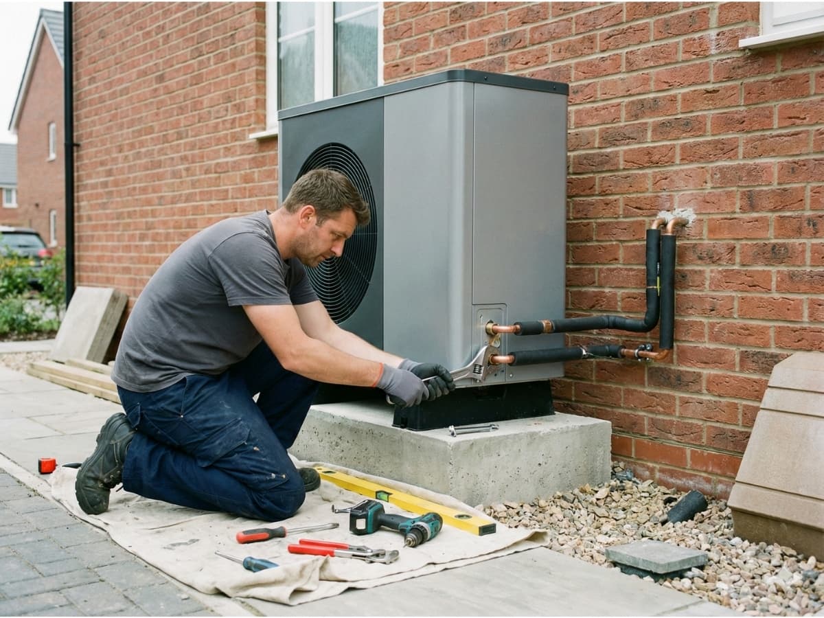 Moderne Wärmepumpe im Außenbereich